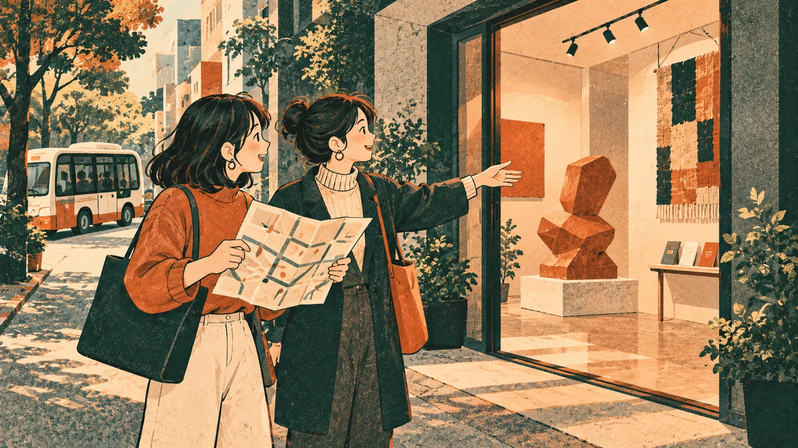 Two adult visitors consult a map beside an imagined gallery entrance, with abstract art inside and a shuttle bus in the background.