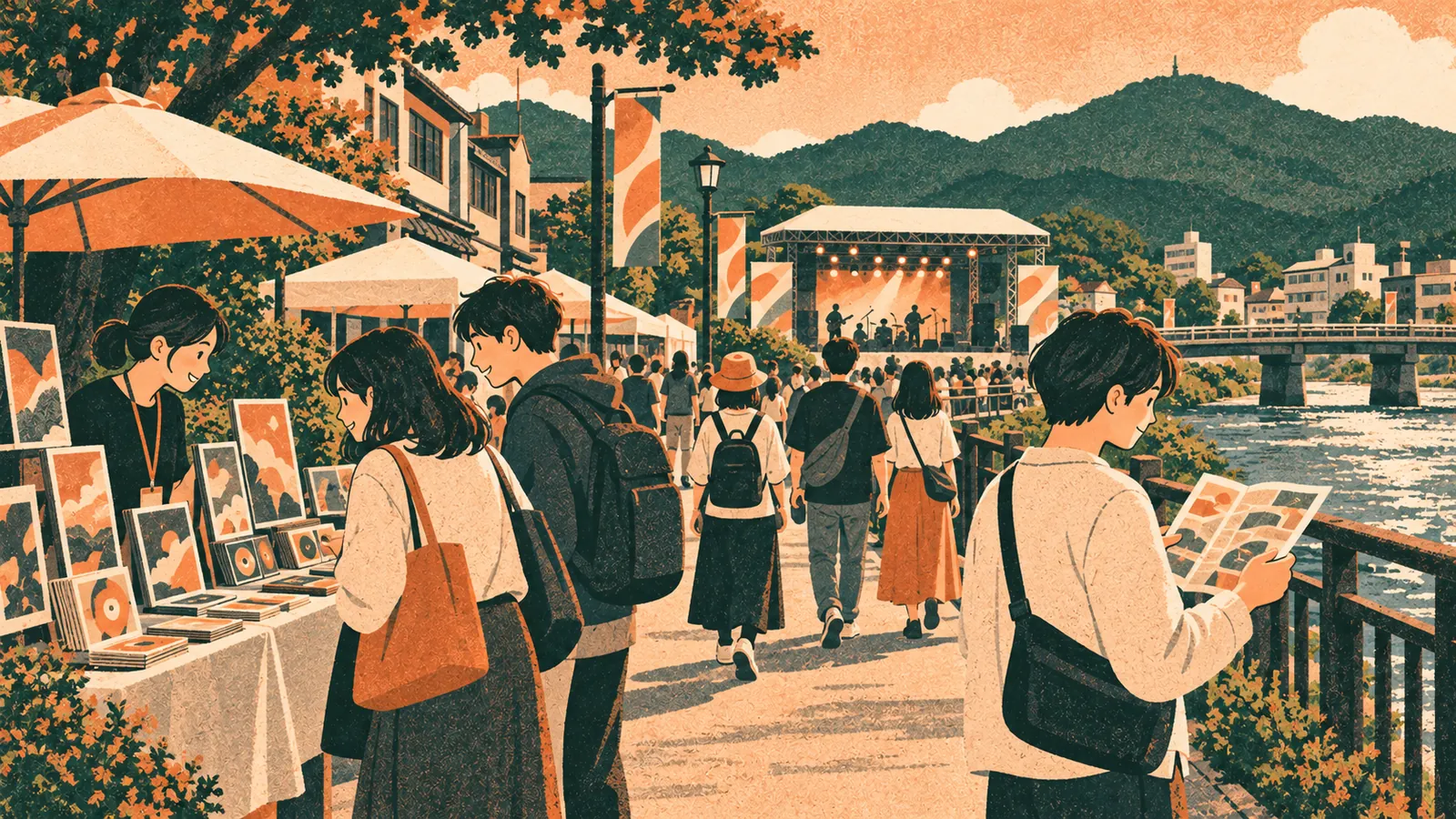 Visitors browse illustrated displays and walk beside a river toward an outdoor stage in an imagined Japanese festival town.