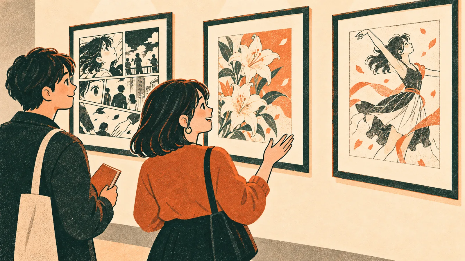 Two visitors look closely at framed drawings and a comics page in an imagined gallery.
