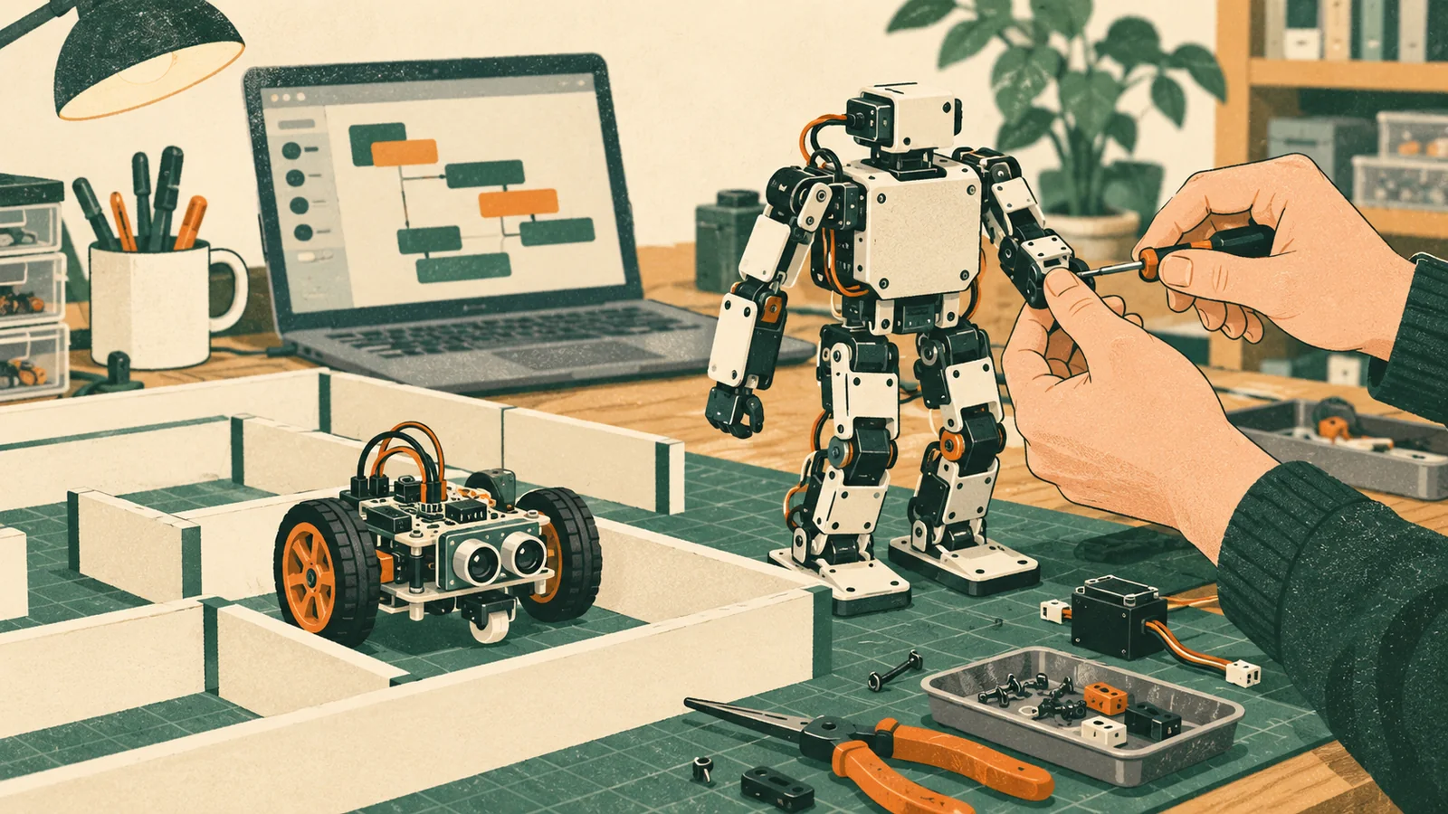Conceptual illustration of hands adjusting a small humanoid kit robot beside a wheeled maze robot and a laptop on a workbench.