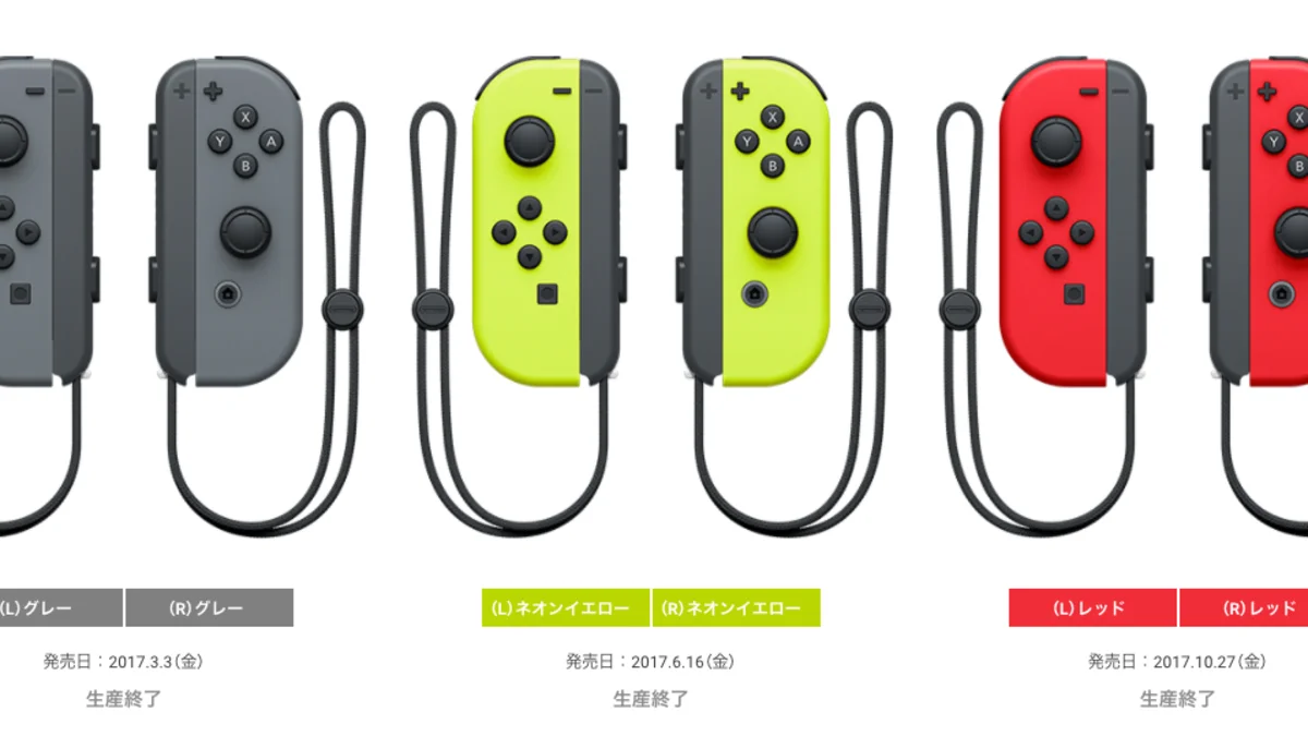 According to Nintendo’s Japanese page, production has ended for the gray, neon yellow and red Joy-Co