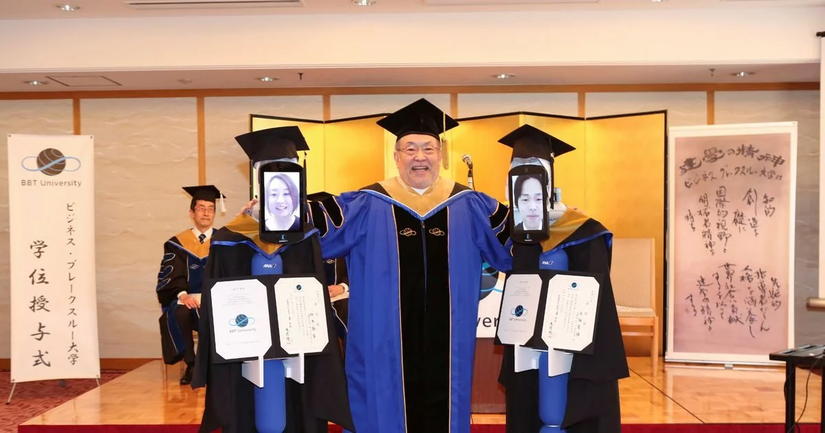 Japan holds 'virtual graduations' for students using robots with iPads for faces