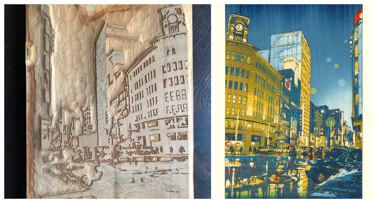 Laser-Cut Ukiyo-e of Ginza in the Rain