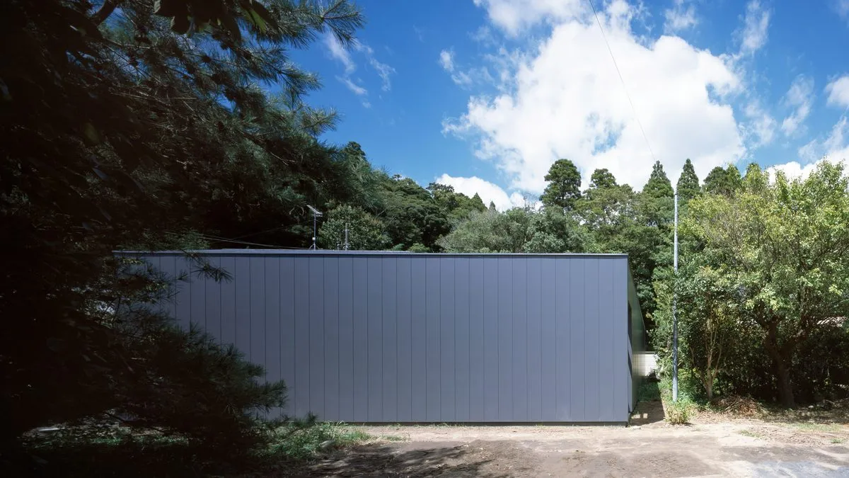 Monolithic black house conceals internal courtyard containing a single tree